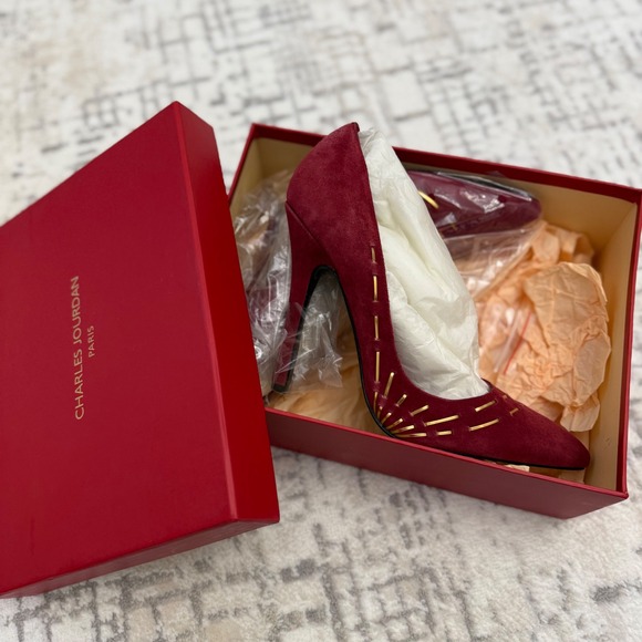 Charles Jourdan Shoes - Charles Jourdan Suede Red Gold 5" Heel Pointed Toe Pumps Leather Sole Sz 9M